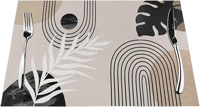 Mid Century Placemats 12x18 Inches Set of 4, Boho Black Beige Tropical Leaf Decorative Rectangle Modern Abstract Black Table Mats for Party Home Kitchen Dining Table Decoration