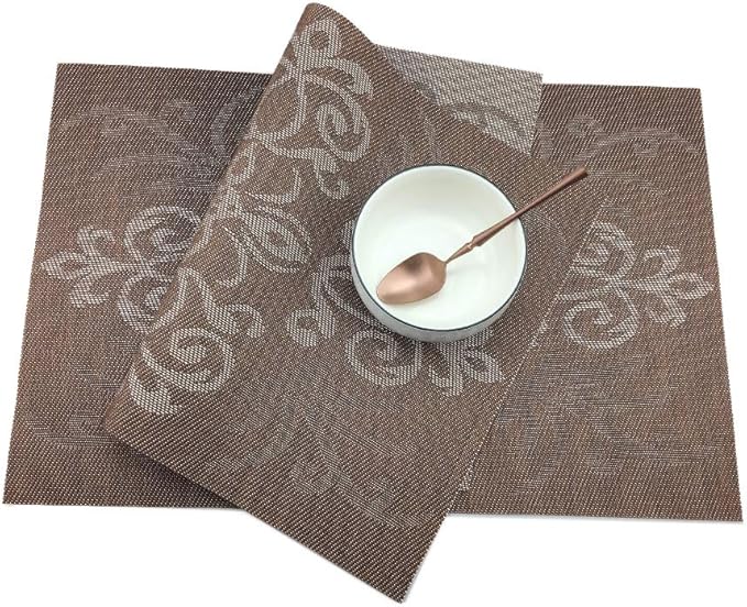 Gugrida Luxury Coffee Placemats Set of 6 Crossweave Woven Vinyl Placemat for Dining Table Heat Resistant Non-Slip Kitchen Table Mats Easy to Clean
