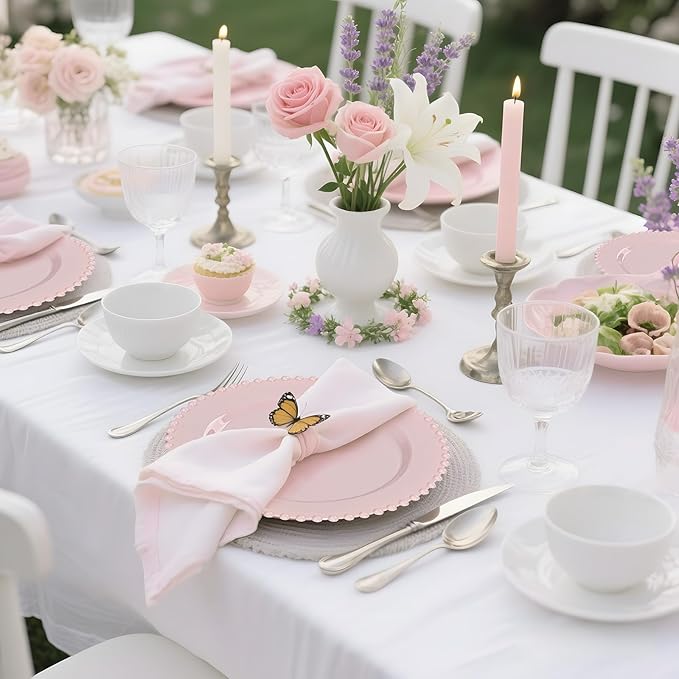 U-QE 60PCS Pink Plastic Plates - Heavy Duty Beaded Pink Valentines Plates for Valentine's Day, Party, Wedding - Serving 30 Guests Include 30PCS 10inch Dinner Plate & 30PCS 7inch Dessert Plate