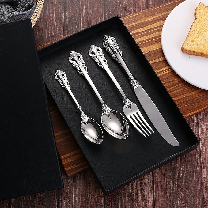 Silverware Set 18/10 Stainless Steel Flatware Sets Palace Style 24 Piece Delicate Cutlery Set for 6 Durable Home Kitchen Wedding Tableware Utensil Include Knifes Teaspoons Forks and Spoons