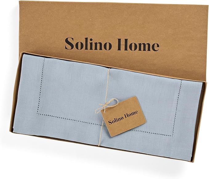 Solino Home Linen Dusty Blue Table Runner 72 Inches Long - 100% Pure Linen Hemstitch Table Runner 14 x 72 Inch for Dresser, Dining, Winter, Spring, Easter - Classic Hemstitch