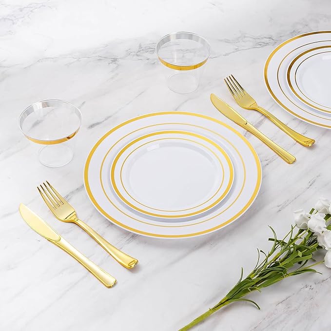 Goodluck 420 Pieces Gold Disposable Plates for 70 Guests, Plastic Plates for Party, Dinnerware Set of 70 Dinner and 70 Dessert Plates, 70 Spoons, 70 Forks, 70 Knives, 70 Cups