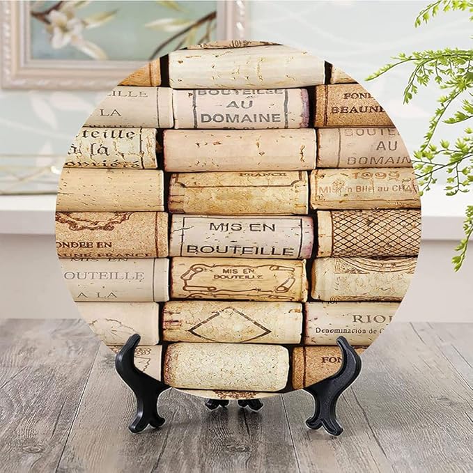 Ceramic Display Plate, Winery Ceramic Hanging Decorative Plate, Different Wine Corks Arranged in Line Collections, 10 Inch, Household Custom Ceramic Plate, Ivory Pale Brown
