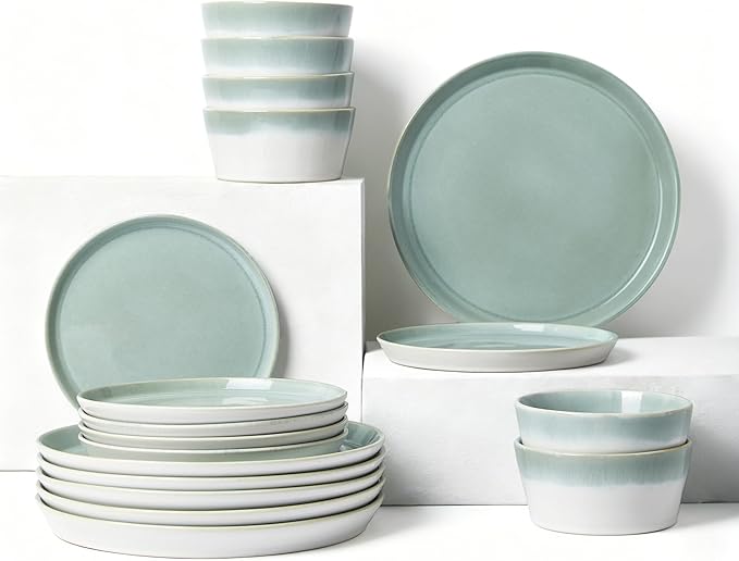 Dinnerware Sets for 6, Ceramic Plates and Bowls Set, Modern Artisan Dish Set, Microwave & Dishwasher Safe Dishware Set, Chip & Scratch Resistant Dinner Sets, Gradient Green
