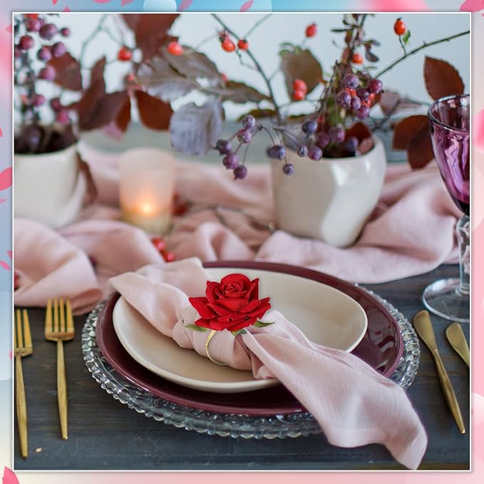 Set of 8 Valentine's Day Napkin Ring Rose Flower Metal Napkin Ring Designed with Rose Serviette Buckle for Valentine's Day Wedding Anniversary Party Dinner Table Decor