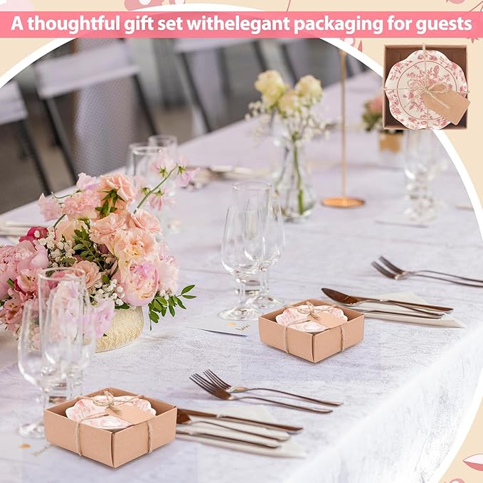 24 Pcs Wedding Favors for Guests Small Ceramic Bowl Bulk Gifts Set 3.3 Inch Floral Design Mini Dipping Sauce Dish with Card Box for Bridal Pooja Baby Shower Birthday Guest Gift (Pink)