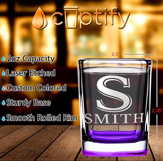 Personalized Square Shot Glasses Set of 25 Purple Bottom 2oz Engraved Initial and Name Custom Gifts, Weddings, Birthdays, Party, Event, Decorations