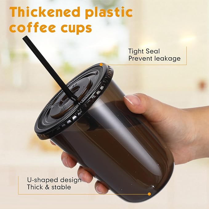 50 Sets Clear Plastic Cups with Lids and Straws, Disposable Iced Coffee Cups Drinking PET for Cold Drinks, Juice, Smoothie, Coffee Shops, Party, Christmas(Black,16 oz)