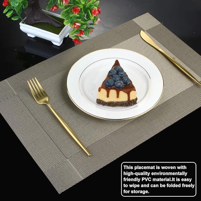 DACHUI Placemats, Heat-Resistant Placemats Stain Resistant Anti-Skid Washable PVC Table Mats Woven Vinyl (8pcs, Coffee-Cross)
