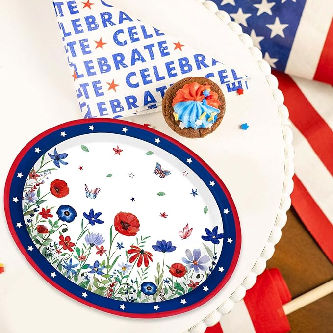 Grencian 50 Pcs 4th of July Flower Oval Paper Plates 10" × 12" Heavy Duty American Flag Plates Disposable Patriotic Platters for Independence Day Memorial Day Veterans Day Party Supplies Decor