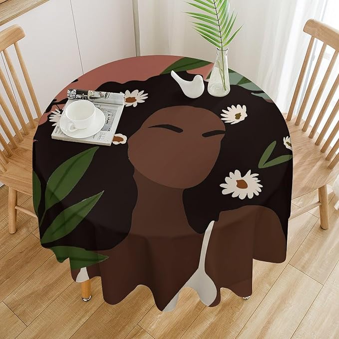 Bohemian Retro Mid Century Round Tablecloth, African Woman Girl Leaves Flower Tablecloth for Home Party Dining Room Kitchen Decor 70Inch(178cm)