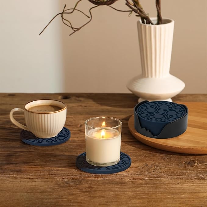 Blue Silicone Coasters with Holder, 4 Inch Non-Slip Coffee Round Cup Mats, Modern Bar Coaster Set of 6 for Desk, Table, Drink, Beer, Berverage - Dishwasher Safe
