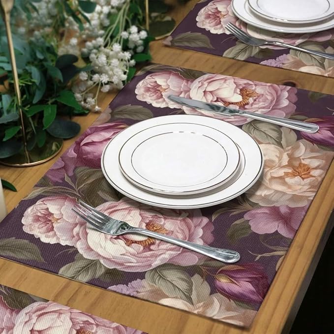 12"x18" Purple Pink White Peony Flowers Placemats Set of 4 Washable Thick Place Mats Kitchen Table Mats Decorative Linen Fabric Table Mat for Dining Table Kitchen Home Decor