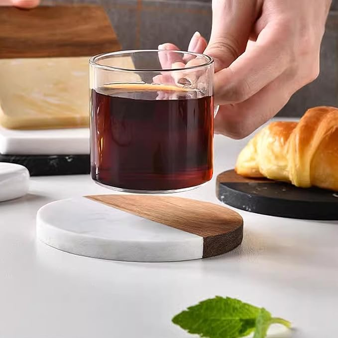 I-LAN Set of 4 Round Natural Wood and Marble Style Drink Coasters for Coffee Wooden Table, Drink Bar Coaster Set/Tea Table Coasters for Living Room,Beer Cans,Bar Glasses,4 x 4 Inch