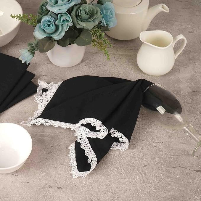 FINGERCRAFT Dinner Cloth Napkin Cotton Linen Blend 4 Pack Mitered Corners with Elegant Lace for Everyday Use Napkins are Pre Shrunk and Good Absorbency Black