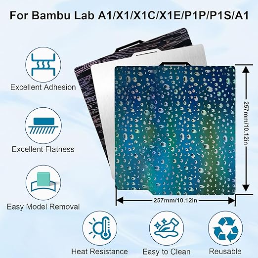 PEH PER Build Plate for Bambu Lab A1/X1C/X1/X1E/P1P/P1S, 257x257mm Spring Steel Plate, Double Sided Flexible Waterdrop PEH+Wood Grain PER Removable Platform for Bambu 3D Printers
