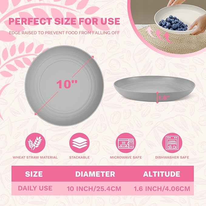 Homienly Premium Wheat Straw Dinner Plates, Reusable 8 PCS Unbreakable Plates 10 inch Plate Set, Alternative Plastic Plate Microwave and Dishwasher Safe Plates Set for Home - GreyStone