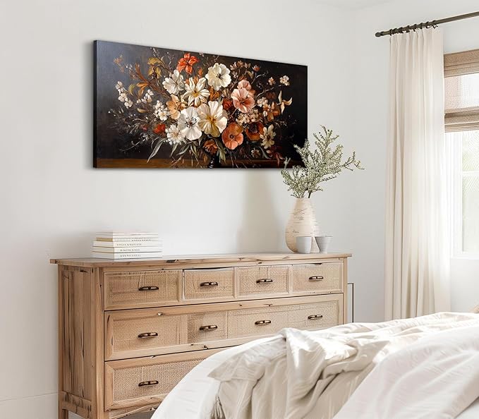 ADJUVANT Wall Art Vintage Floral Bouquet in Vase 48"L x 24"W, Flowers Canvas Painting Botanic Artwork Retro Blossoms Prints Graceful Floral Wall Decor for Living Room Bedroom Dining Room Home Office