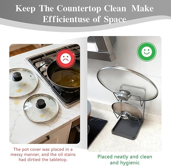 Double Layer Kitchen Pot Lid Storage Rack, Stainless Steel Pot Lid Holder While Cooking & Spoon Rest, Multifunctional Pot Lid Organizer with Removable Drip Tray for Countertop