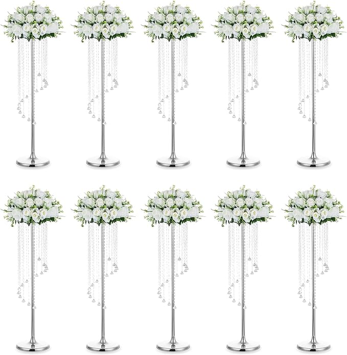 Nuptio Wedding Centerpieces Silver Vases: 10 Pcs 35.4in Tall Crystal Flower Vase Metal Flowers Stand for Party Tables Decorations - Elegant Bulk Weddings Decoration Table Chandelier Centerpiece stands