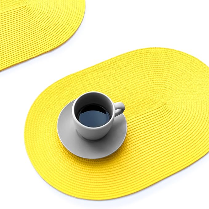 FunWheat Oval Braided Placemats Set of 6 Table Mats for Dining Tables Washable Heat Resistant Place mats for Daily Use12 x18 Inch (Oval Yellow, 6pcs)