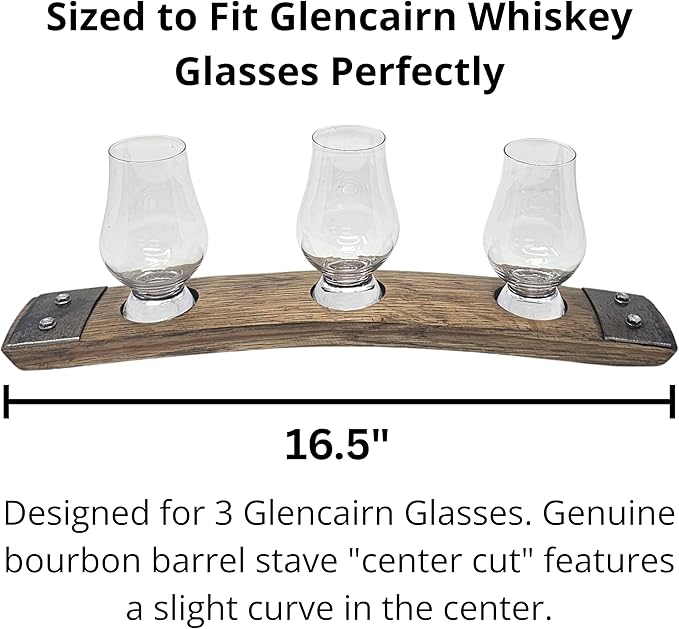 Barrel Stave Premium 3 Glass Whiskey Flight Serving Tray with Glencairn Glasses, Dark Walnut