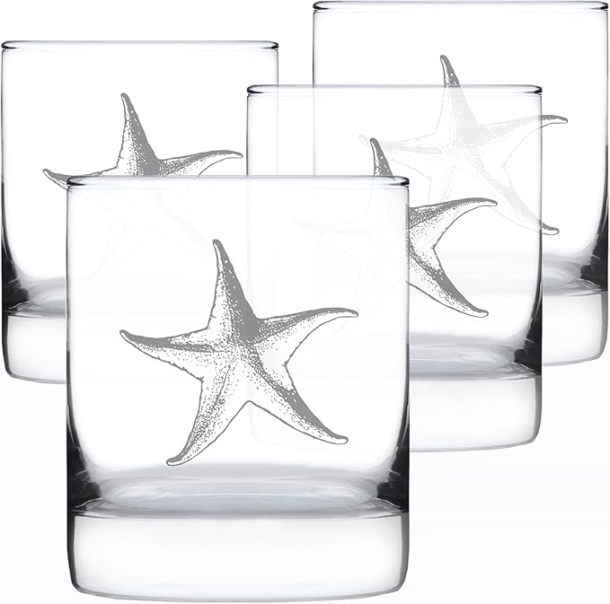 Bevvee Starfish Rocks Glass - Beach Themed Decor and Decorative Ocean Glassware Gifts for Women and Men - Set of 4-10.25 Oz Glasses
