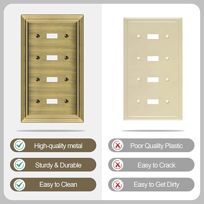 Metal Wall Plate for Electrical Outlets, Decorative Antique Brass Switch Plates Outlet Cover, Light Switch Cover Plate, 4-Gang Wall Plates (Quad Toggle, 1 Pack)