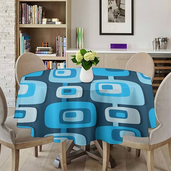 Mid Century Boho Round Tablecloth, Blue Mid Century Modern Art Abstract Geometric Pattern Retro Vintage Style Tablecloth for Home Party Dining Room Kitchen Decor 36Inch(90cm)