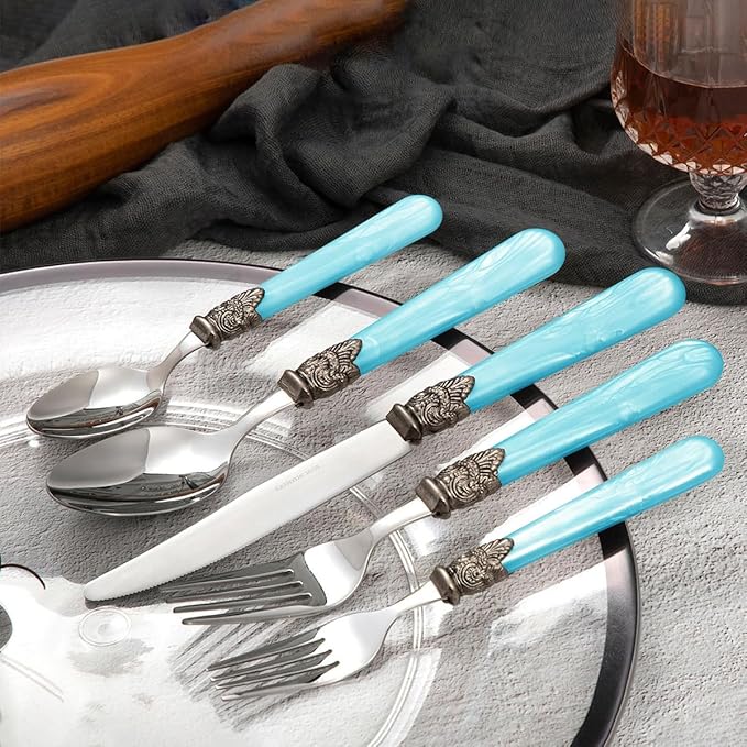 20 pieces 18/10 Stainless Steel Silverware Sets With Blue Handle,Vintage Cutlery Sets,Sliverware set Service for 4,Dishware Safe (20, Blue)