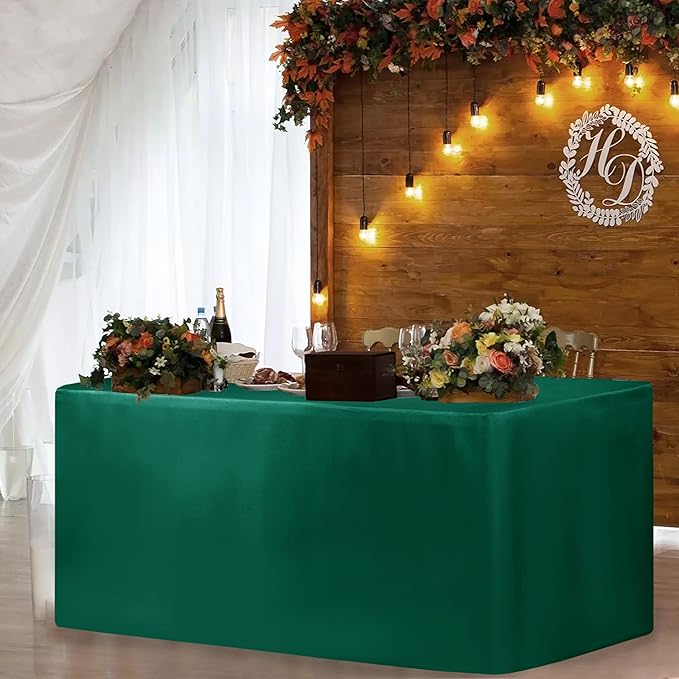 HolidayIdeas Fitted Green Table Covers - 96 x 30 Inch - 2 Pack Rectangle Tablecloths for 8 Foot Folding Tables, Polyester Fabric Table Cloth for Craft Show, Trade Show, Graduation Party