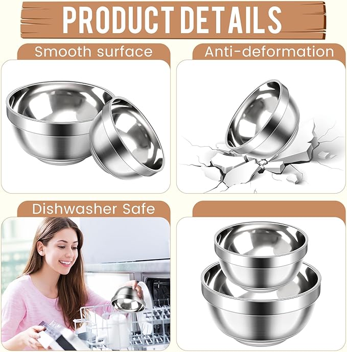 Mimorou 20 Pack 304 Stainless Steel Bowls Set 13 oz 34 oz Metal Double Walled Insulated Snack Mixing Lightweight Multipurpose Toddler Dinner Bowls for Ice Cream, Cereal, Snack