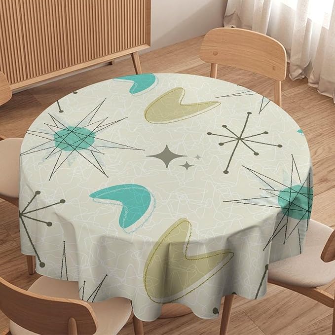 Mid Century Round Tablecloth, Modern Atomic Abstract Geometric Pattern Tablecloth for Home Party Dining Room Kitchen Decorm 70Inch(178cm)