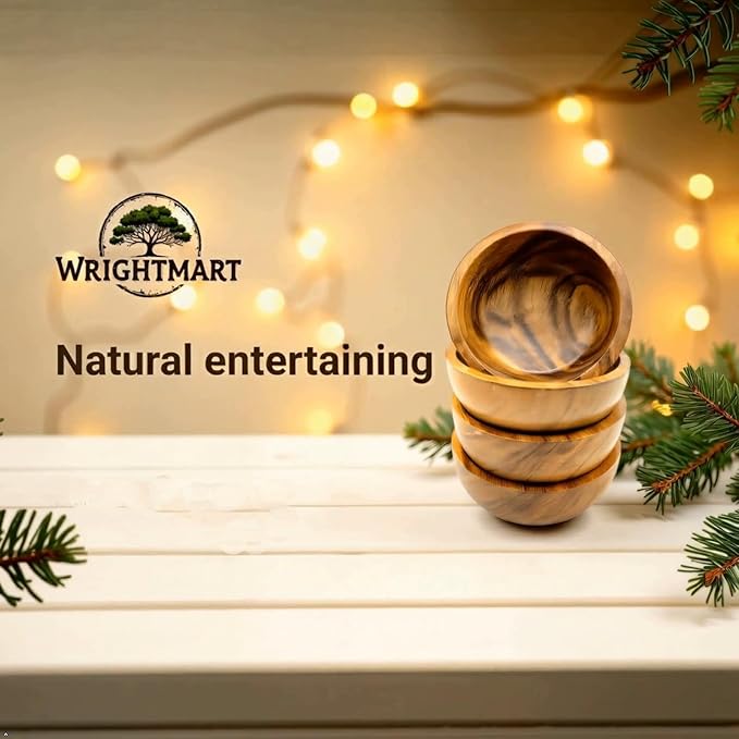 Wooden Bowl Set of 4, Small Acacia Wood Bowls, 5” Diameter, 2.5” Tall, 8 oz Capacity, Handcrafted Bowls for Salad, Snacks, Fruit & Kitchen Gifting