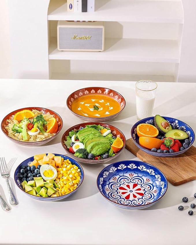 Yeacccng Pasta Bowls Set of 6, 35 Oz Ceramic Large Salad Bowl, 8.5 Inch Colorful Serving Bowls for Kitchen, Dishwasher & Microwave Safe, Scratch-Resistant, Lead-Free (Brown*3 + Blue*3)