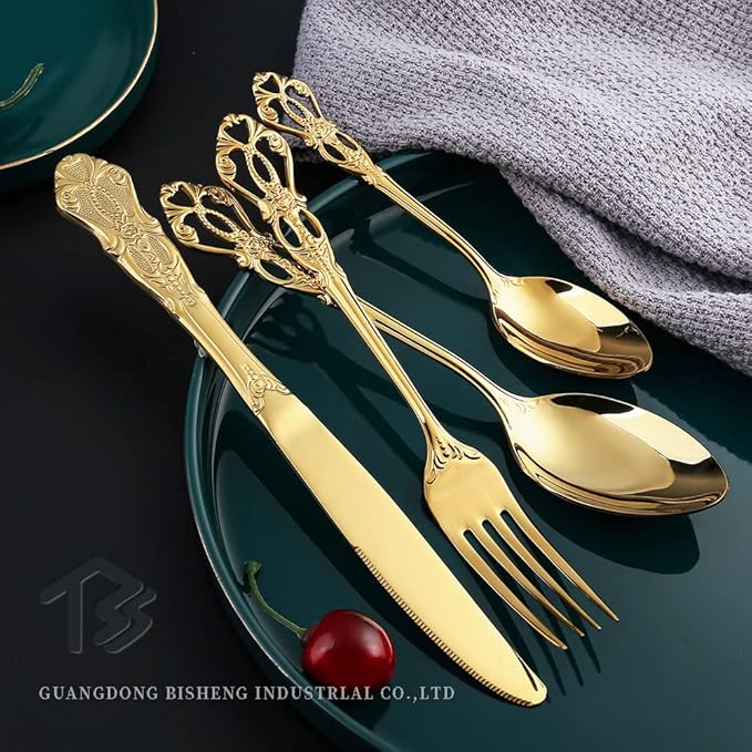 Gold Silverware Set for 16 Stainless Steel Flatware Set Palace Style Hollow Relief Decoration 64 Piece Cutlery Utensils Include Knives Forks and Spoons Tableware Set for Home Kitchen Restaurant Party