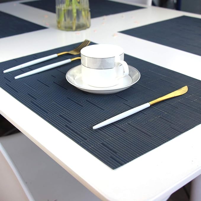 Placemats for Dining Table Woven Vinyl Place Mats Wipe Off Plastic Placemats Stain Resistant Table Mats Set of 6 （Bamboo Navy）