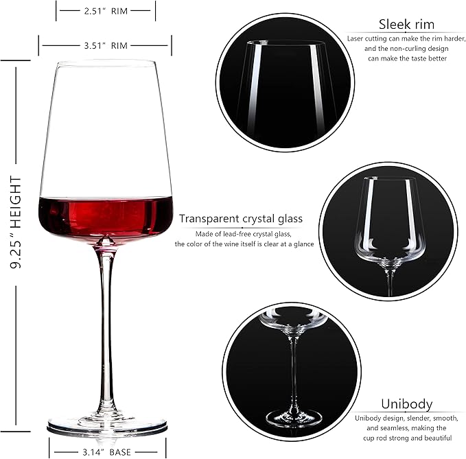 BACLIFE Hand Blown Red Wine Glasses Set of 4 – Premium Crystal Wine Glasses With Long Stem,19 oz – Unique Gift for Valentine's Day, Wedding, Birthday – Ideal for Restaurants,Home Bar