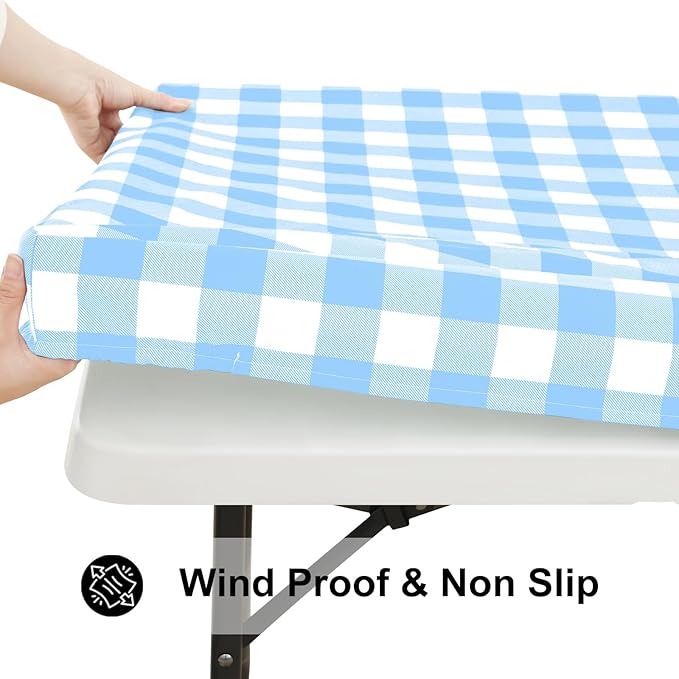 Smiry Rectangle Picnic Table Cloth, Elastic Waterproof Fitted Vinyl Tablecloths, Flannel Backed Buffalo Plaid Table Covers for Dining, Camping, Outdoor (Baby Blue and White, 30" x 72")