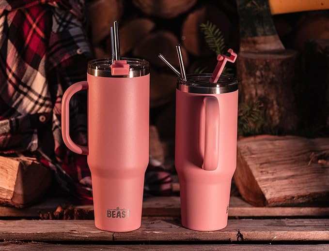 Beast 42 oz Tumbler with Handle Stainless Steel Vacuum Insulated Coffee Ice Cup Double Wall Travel Flask (Blossom Pink)