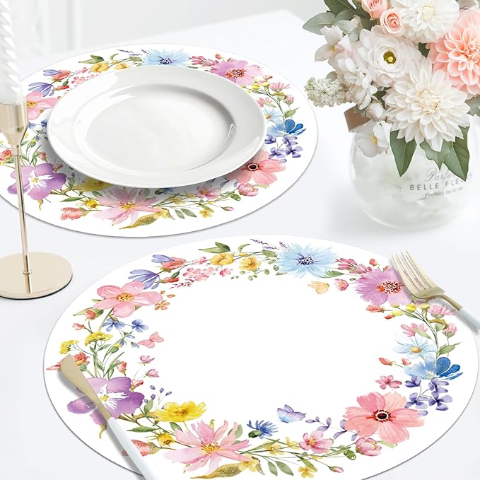 50PCS Floral Placemats Vibrant Watercolor Wildflower Disposable Paper Placemats Round Table Mats for Summer Parties, Weddings & Brunch