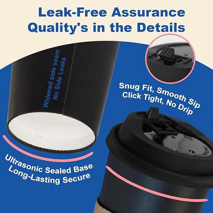 20 oz 100 Pack Coffee Cups with Lids and Sleeves, Straws, Hot Disposable To Go Travel Paper Cups Bulk for Office, Home Coffee Bar Accessories, Chocolate, Cocoa, Beverage (Black)