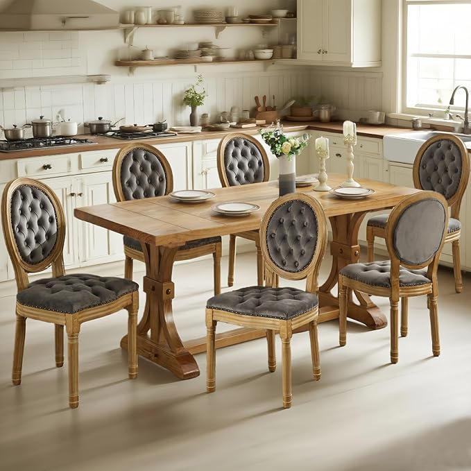 SoarFlash French Velvet Dining Chairs Set of 6, Vantage Dining Chair with Round Back, Wood Leg Farmhouse Country Dining Chair for Kitchen,Bedroom,Grey