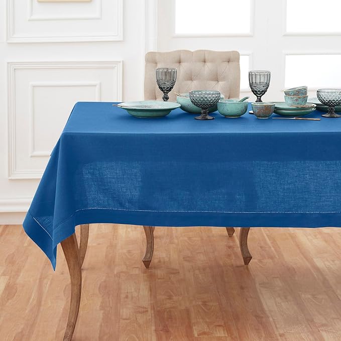 Solino Home Linen Indigo Blue Tablecloth 60 x 132 Inch - Classic Hemstitch, 100% Pure Linen Rectangular Tablecloth - Machine Washable Table Cloth for Winter, Spring, Easter