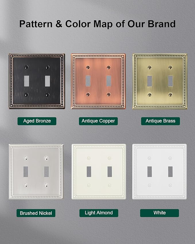 2-Pack Double Toggle Light Switch Cover Plate, Pearls Decorative Dual Switch Plate Covers, Antique Copper 2 Gang Metal Wall Plate, Corrosion Resistant