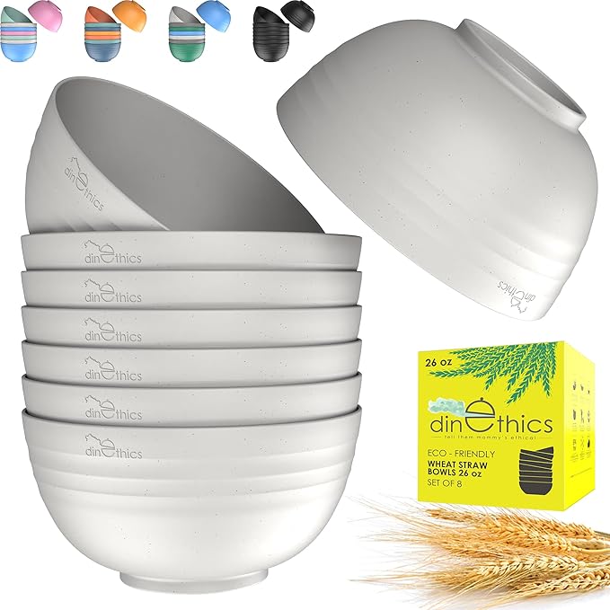 8 Unbreakable Wheat Straw Bowls (26 oz) - Perfect for Cereal, Soup, or Noodles - Dishwasher & Microwave Safe