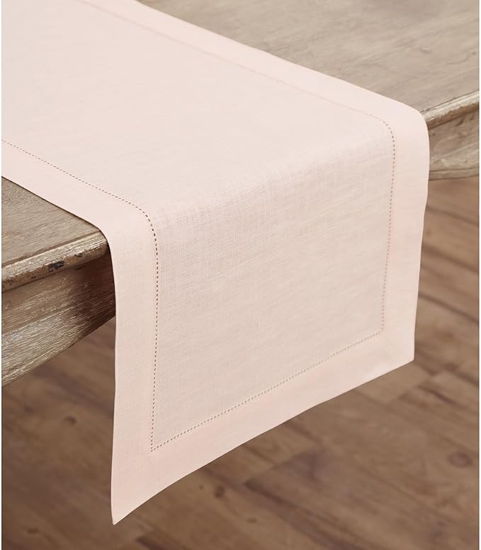 Solino Home Linen Pink Table Runner 72 Inches Long - 100% Pure Linen Hemstitch Table Runner 14 x 72 Inch for Dresser, Dining, Valentines, Spring, Easter - Classic Hemstitch