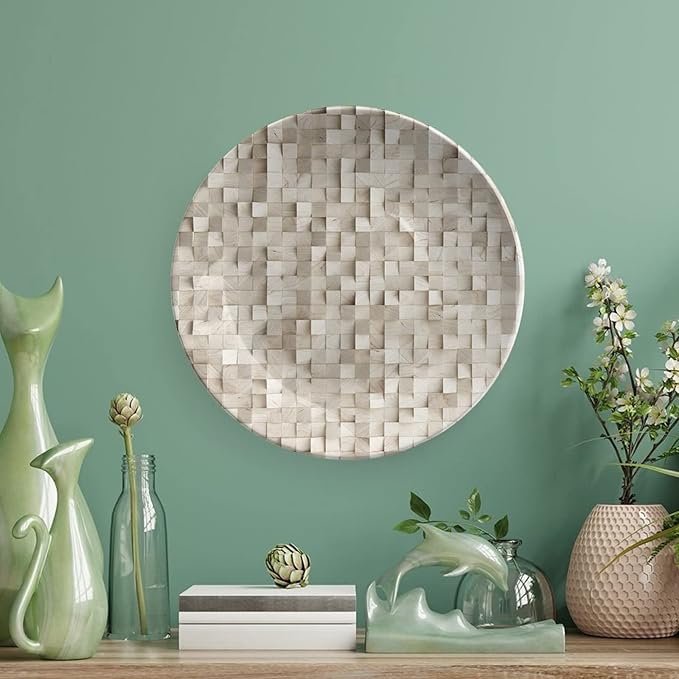 Decorative Plates, Abstract Print Ornament, Wooden Cubes Print, 7 Inch, 1 Plate with 1 Display Stand, Tan