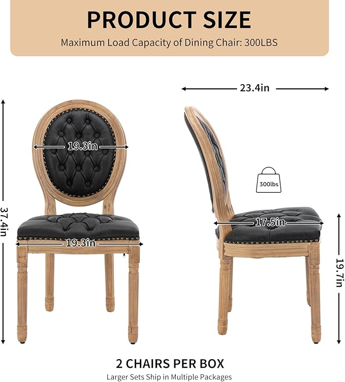 Vintage French Dining Chairs Set of 4, Round Back PU Leather Upholstered Side Chairs with Nailhead Trim and Solid Wood Frame, Sillas de Comedor for Dining Room & Kitchen, Black