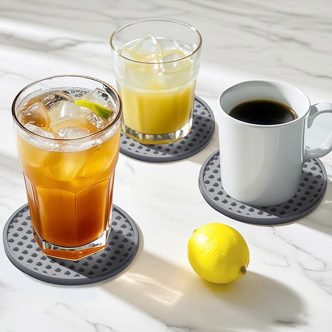 Coasters for Drinks, Silicone Coasters Set of 12 with ABS Holder, Outdoor Coaster for Coffee Table, Non-Slip Rubber Table Cup Mat Desk, Heat Resistant & Scratch-Proof (Grey)